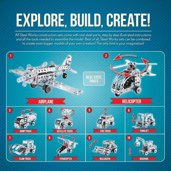 Schylling Steel Works Mechanical Multi-Model - Steel Building Set - Includes 300 Pieces. Tools. and Instructions to Make 10 Different Models - Ages 8 and Up